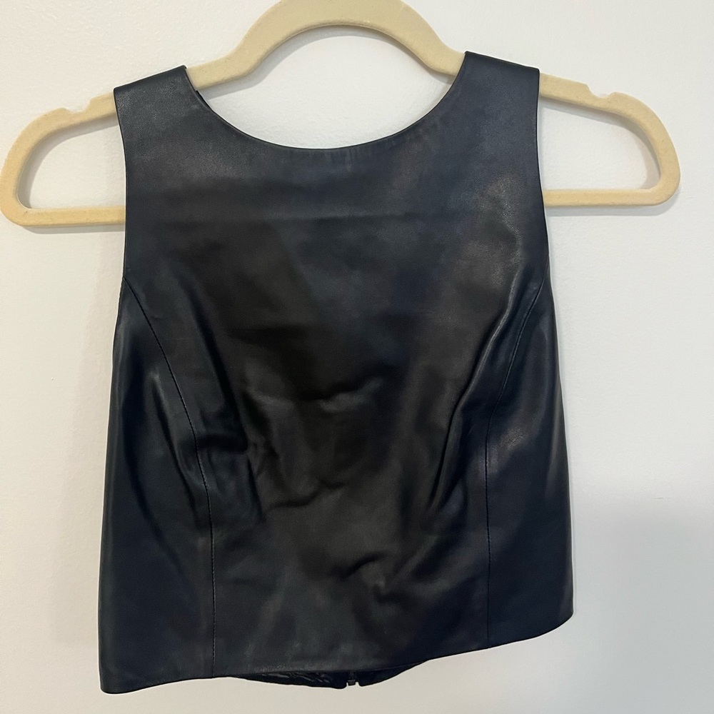 Alice + Olivia cropped lamb leather top with sheer back & zipper close, 6